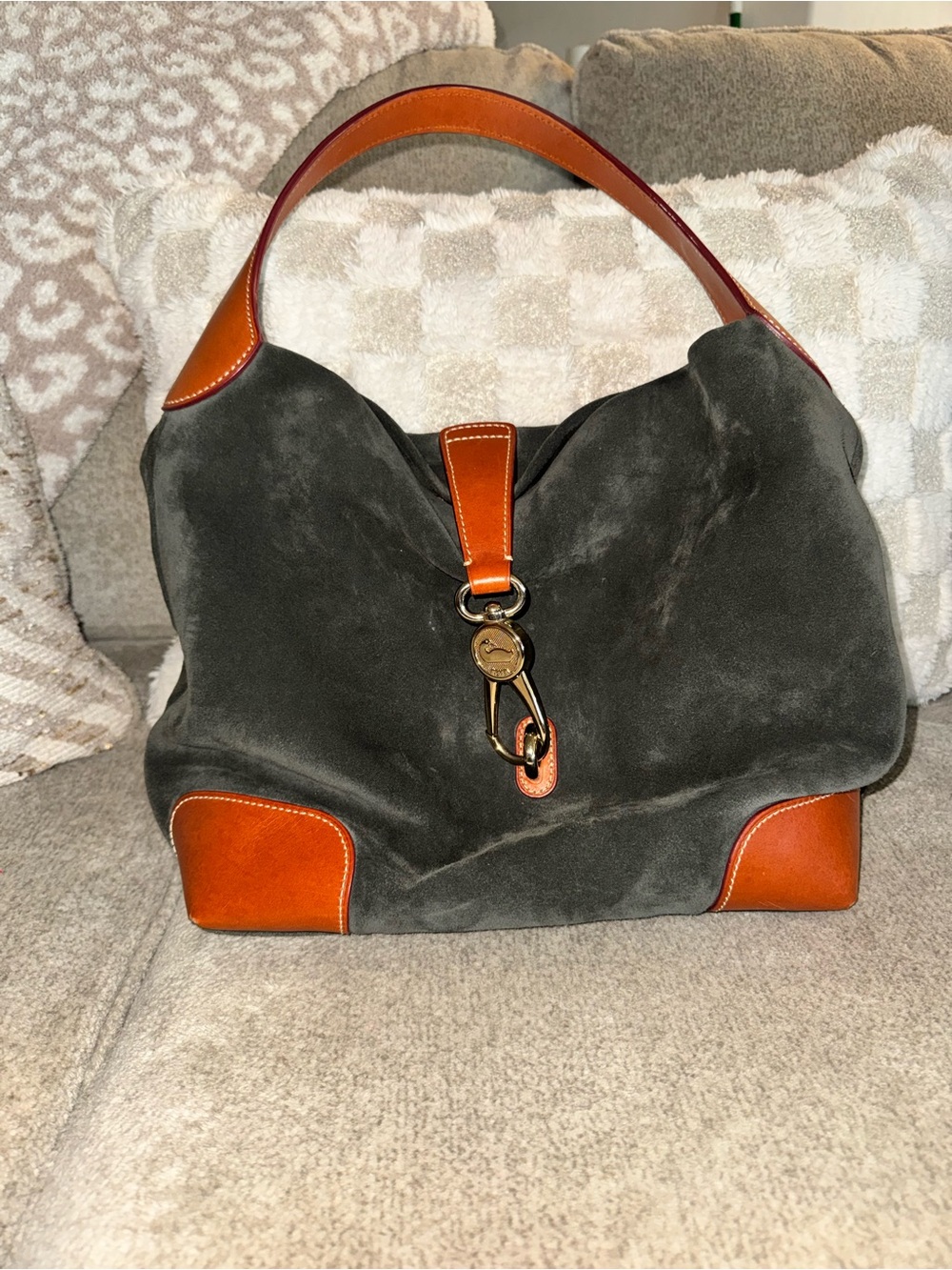 Dooney and bourke black/grey Suede Hobo Bag with Brown Leather Trim